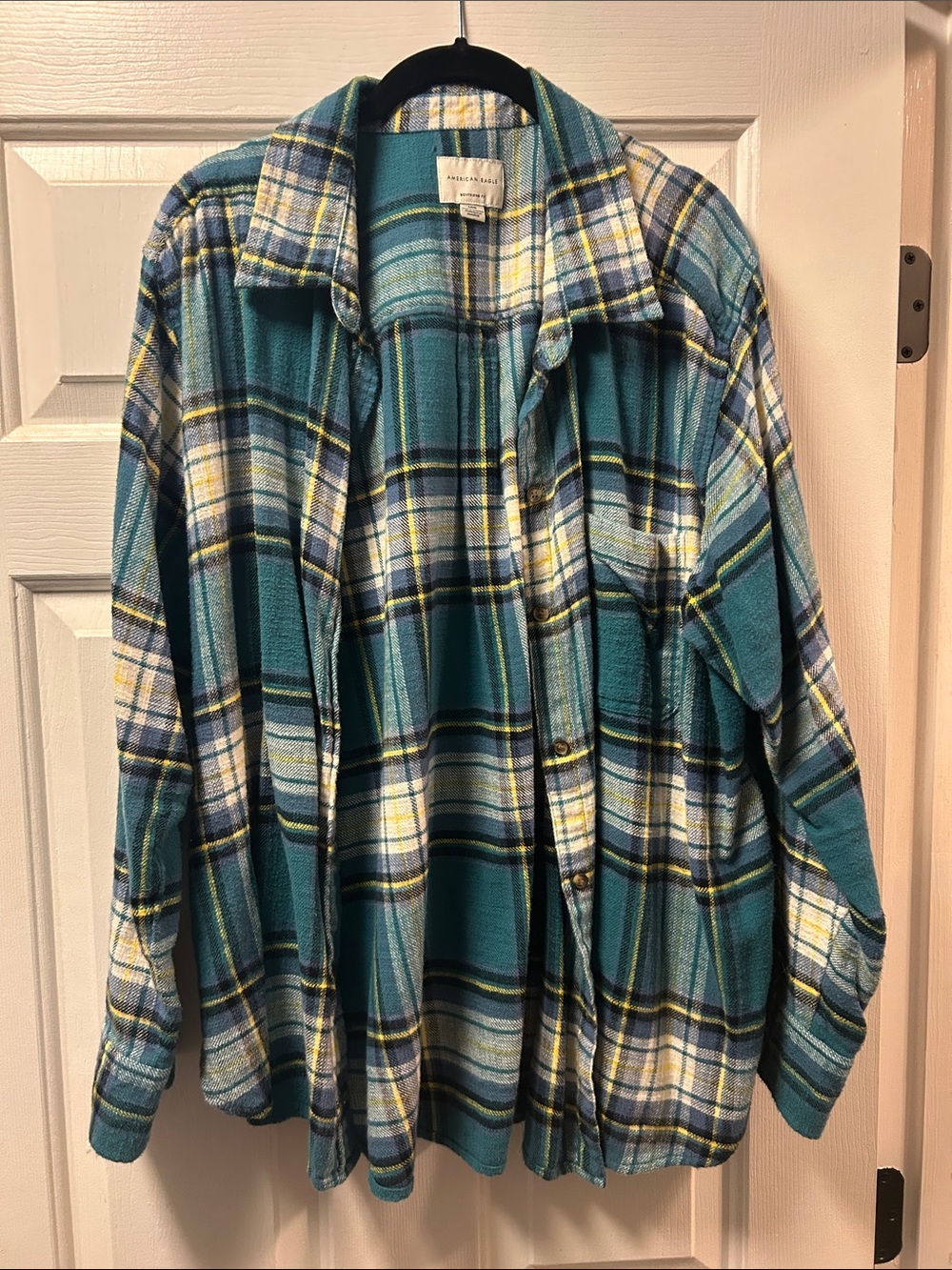 American Eagle Outfitters Teal, White & Yellow Plaid Button-Down Shirt - Men's